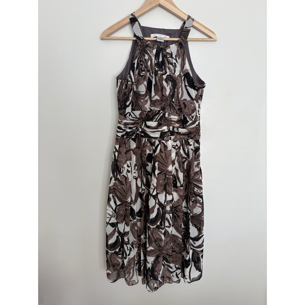 Evan Picone NEW Dress Size 6 Trapeze Neck Brown Black Chiffon Midi Ruched